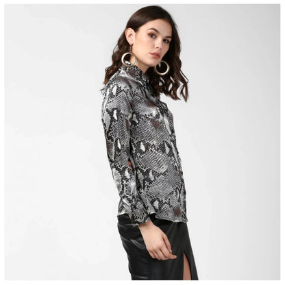 PKRKART Women's Satin Animal Print Long Sleeves Standard Length Shirt (Black - Grey)
