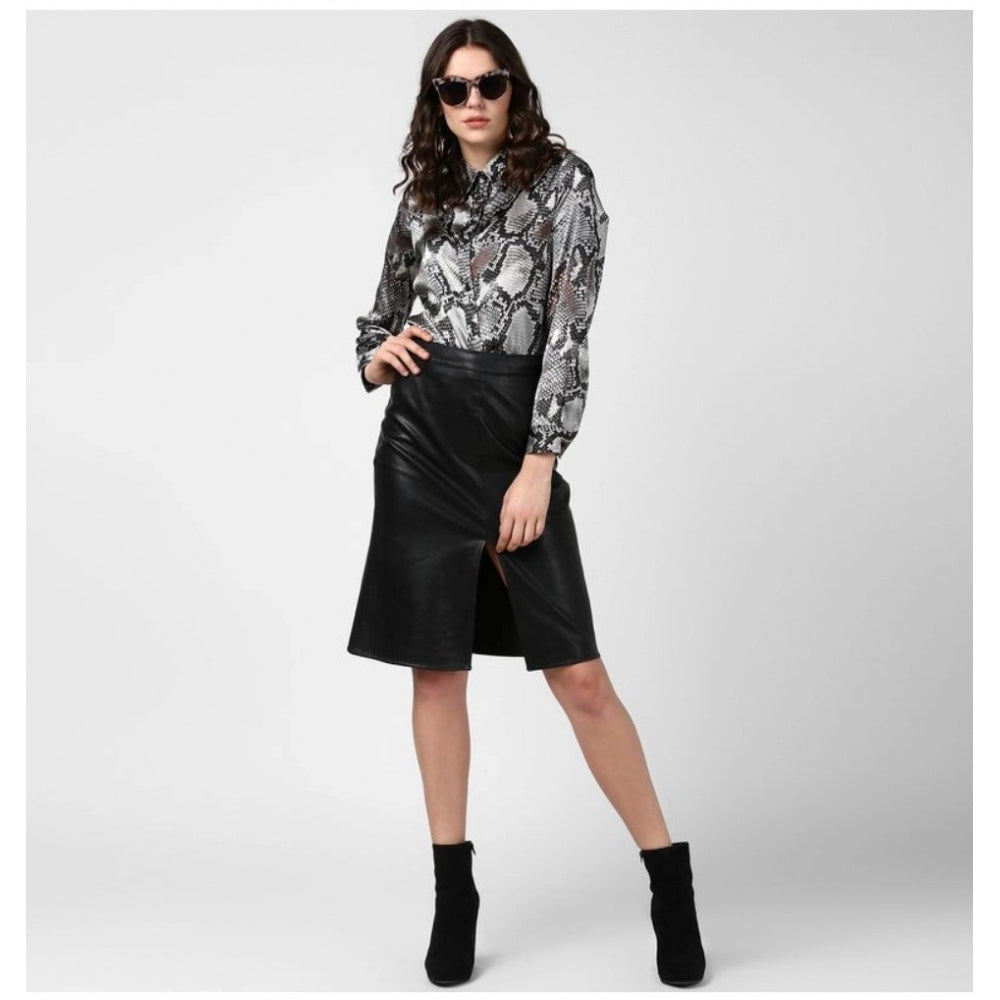 PKRKART Women's Satin Animal Print Long Sleeves Standard Length Shirt (Black - Grey)