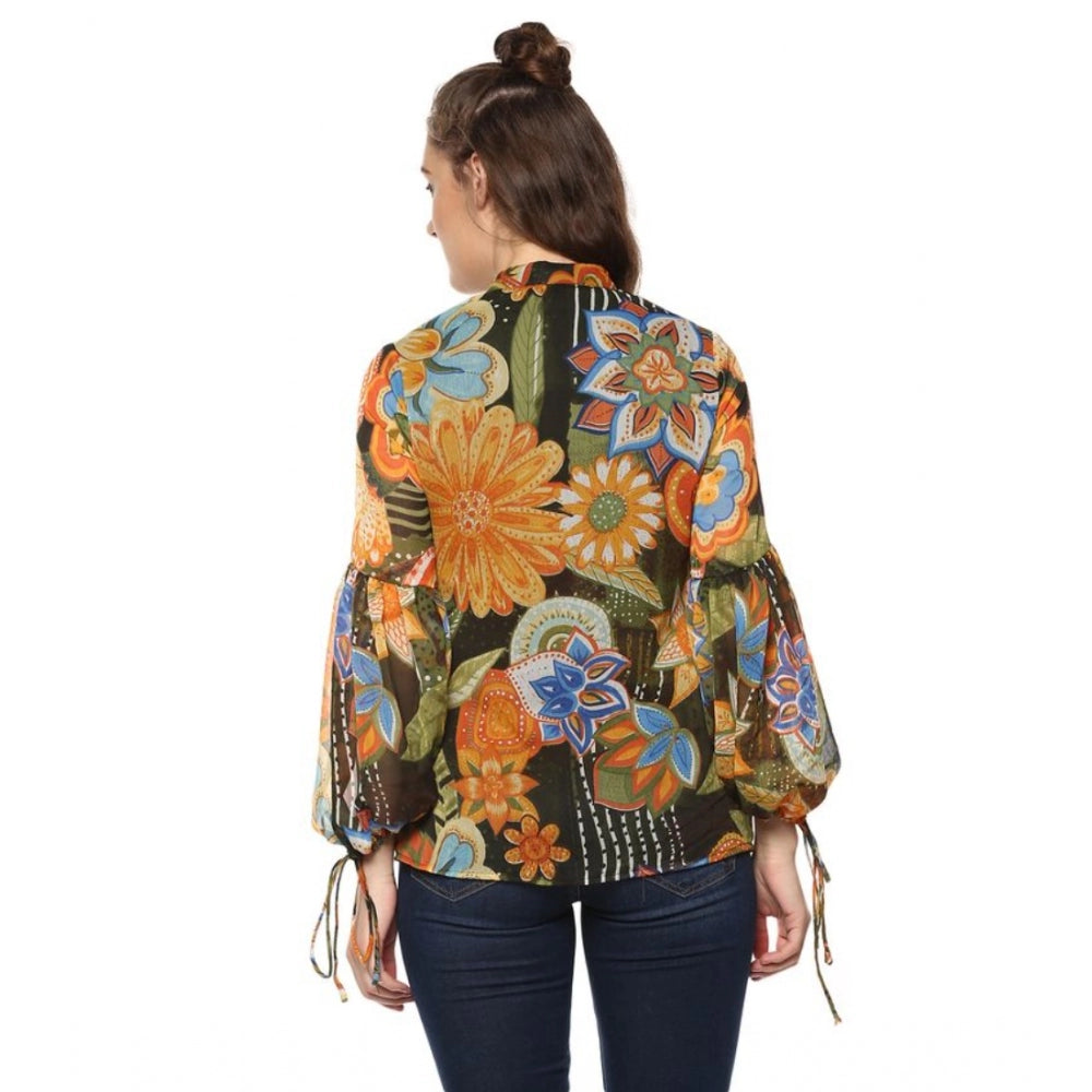 PKRKART Women's Polyester Floral Balloon Sleeve Top (Mustard - Olive)