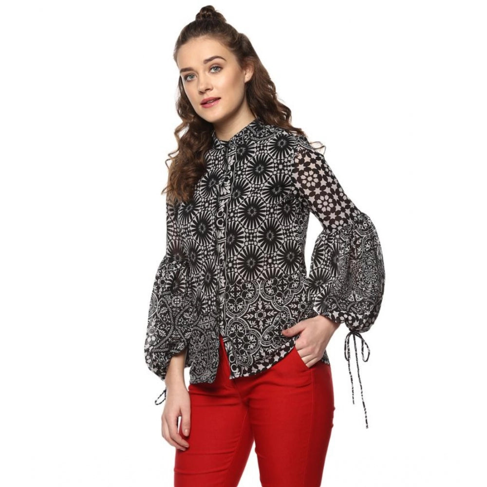 PKRKART Women's Polyester Printed Balloon Sleeve Top (Black - White)