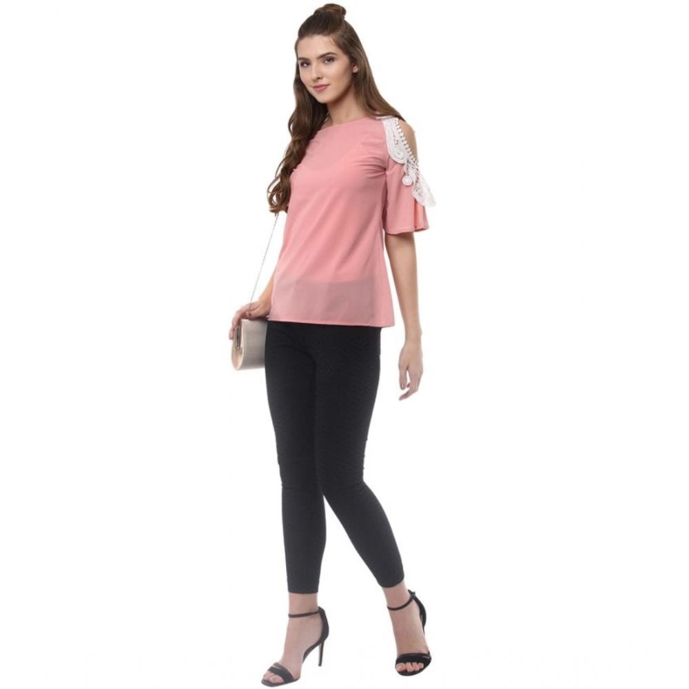 PKRKART Women's Polyester Lace Inserts Half Sleeve Top (Pink)