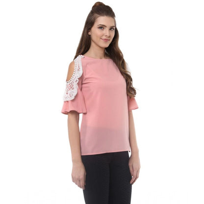 PKRKART Women's Polyester Lace Inserts Half Sleeve Top (Pink)