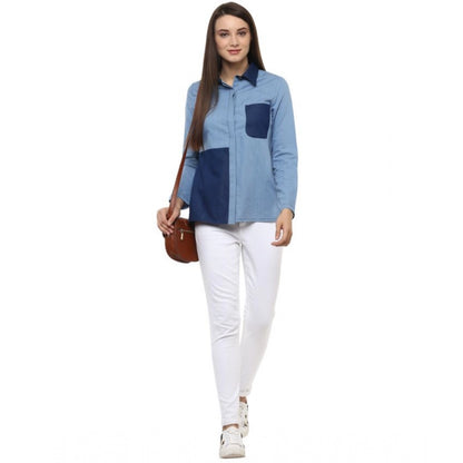 PKRKART Women's Denim Patch Work Long Sleeves Regular Top (Blue)