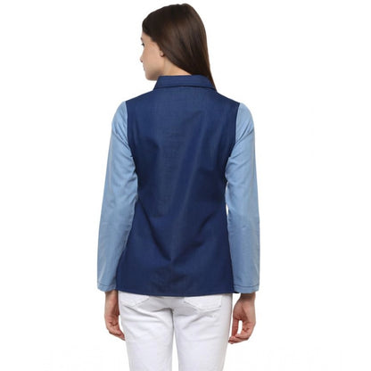 PKRKART Women's Denim Patch Work Long Sleeves Regular Top (Blue)
