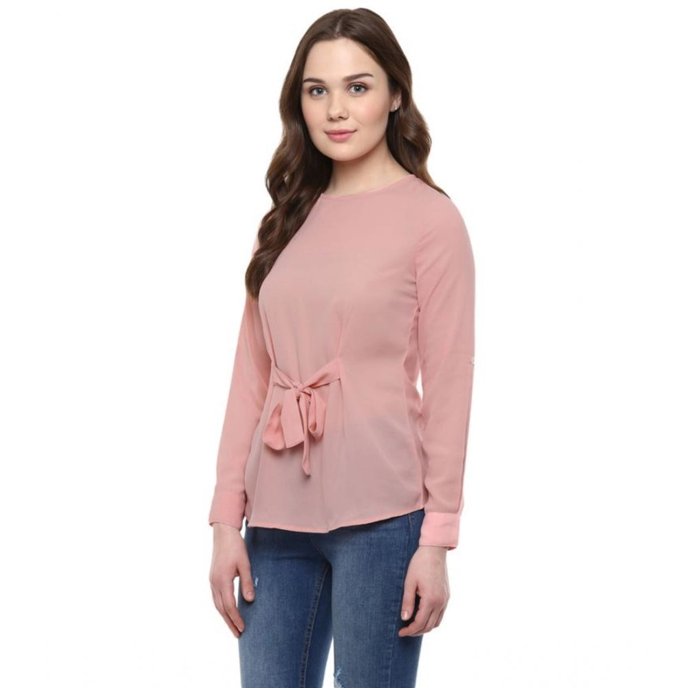 PKRKART Women's Polyester Solid Long Sleeves Regular Top (Pink)