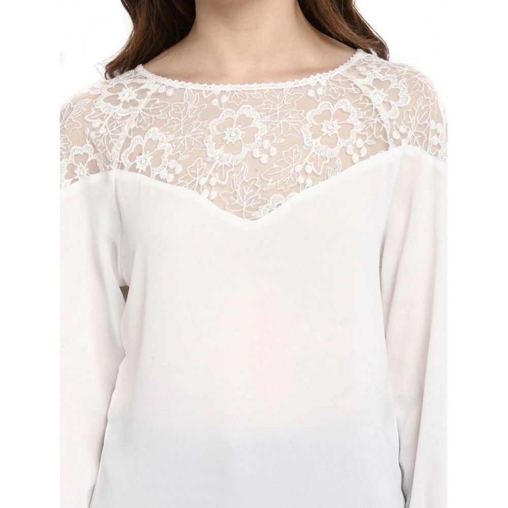 PKRKART Women's Polyester Georgette Self Design 3-4th Sleeves Regular Top (White)