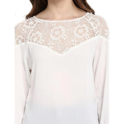 PKRKART Women's Polyester Georgette Self Design 3-4th Sleeves Regular Top (White)