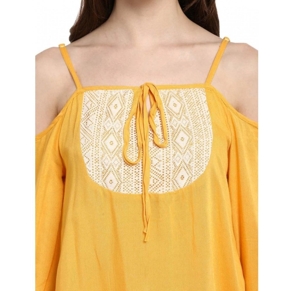 PKRKART Women's Rayon Embellished Cold Shoulder Regular Top (Mustard Yellow)
