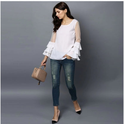 PKRKART Women's Polyester Solid Tier Sleeve Top (White)