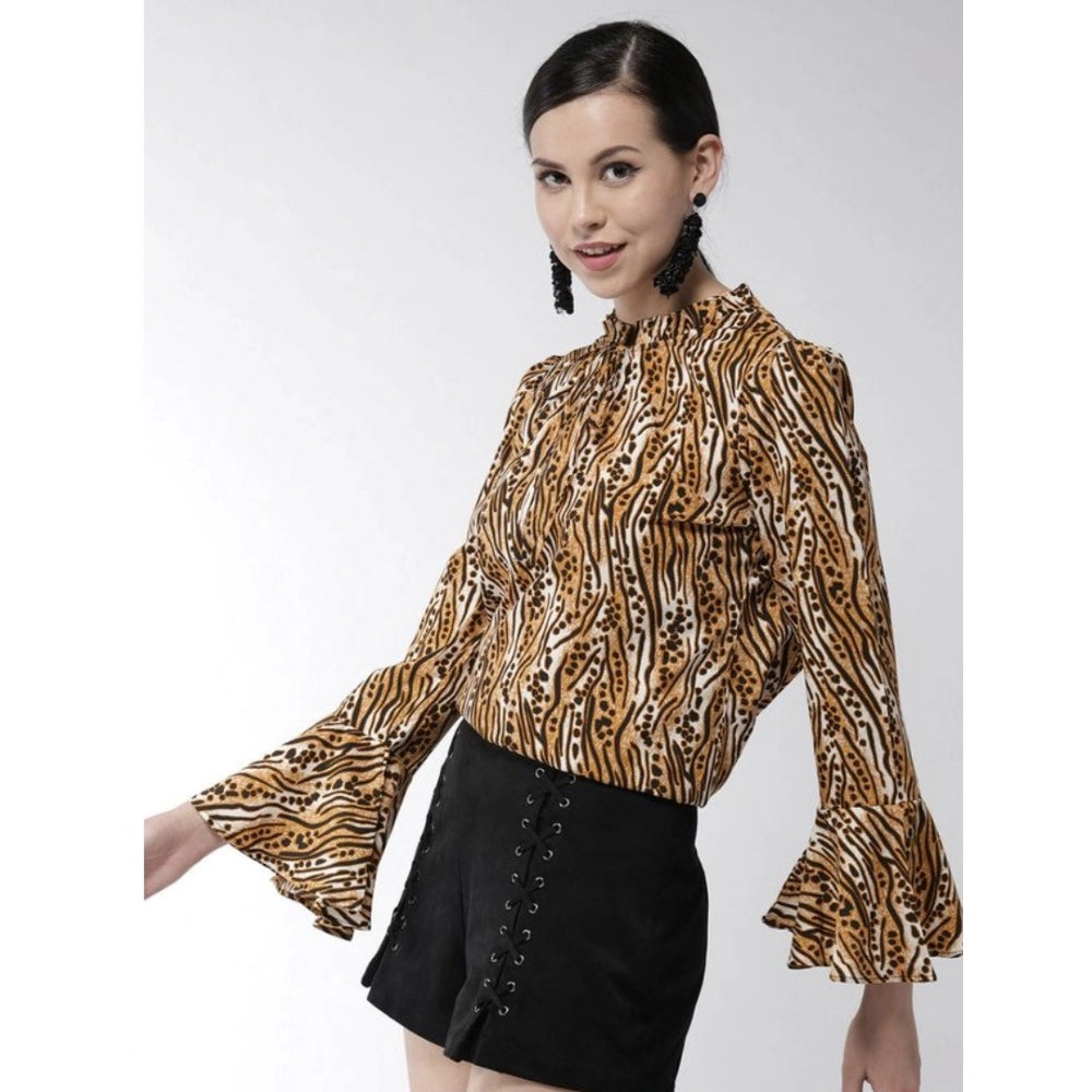 PKRKART Women's Polyester Printed Bell Sleeve Top (Orange - Black)