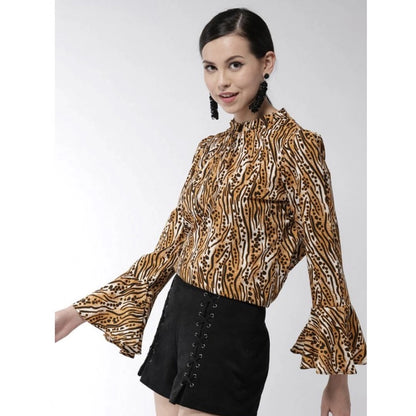 PKRKART Women's Polyester Printed Bell Sleeve Top (Orange - Black)
