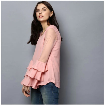 PKRKART Women's Polyester Solid Tier Sleeve Top (Pink)
