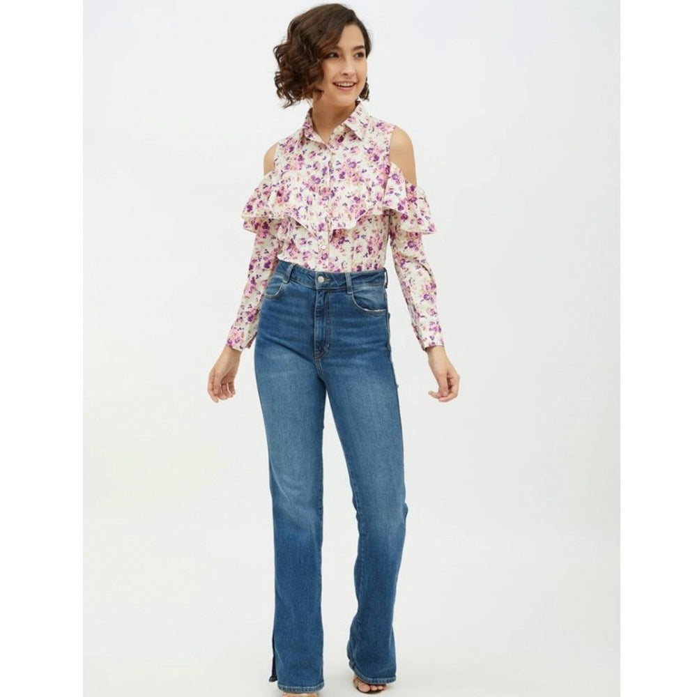 PKRKART Women's Polyester Floral Cold Shoulder Standard Length Shirt (White)