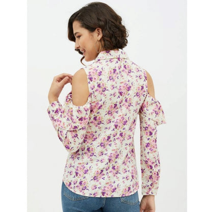 PKRKART Women's Polyester Floral Cold Shoulder Standard Length Shirt (White)