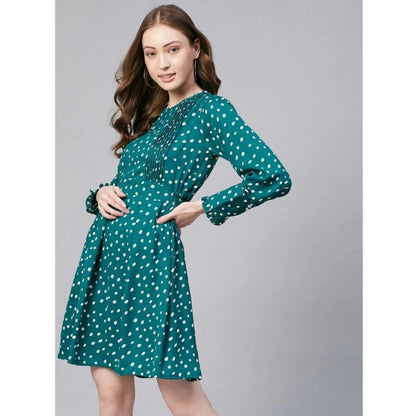 PKRKART Women's Polyester Polka Long Sleeves Above Knee Dress (Green - White)