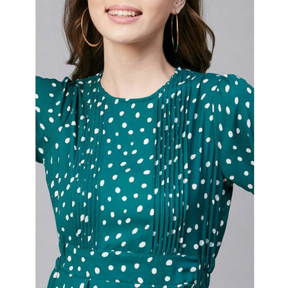 PKRKART Women's Polyester Polka Long Sleeves Above Knee Dress (Green - White)