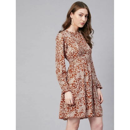 PKRKART Women's Polyester Floral Long Sleeves Above Knee Dress (Rust)