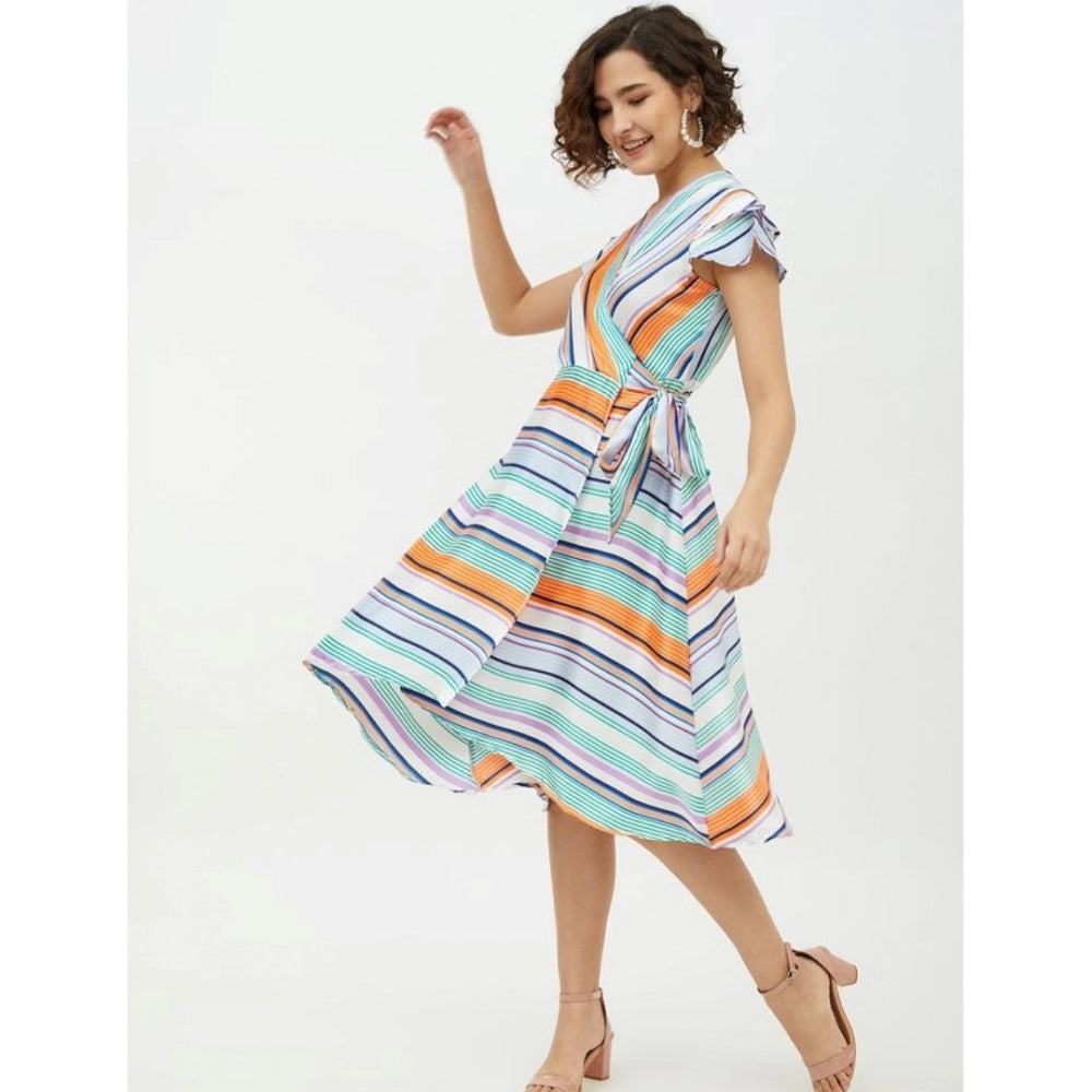 PKRKART Women's Satin Striped Short Sleeve Knee-Length Dress (Multicolor)