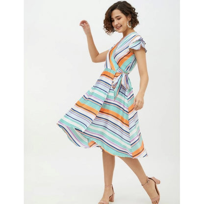 PKRKART Women's Satin Striped Short Sleeve Knee-Length Dress (Multicolor)