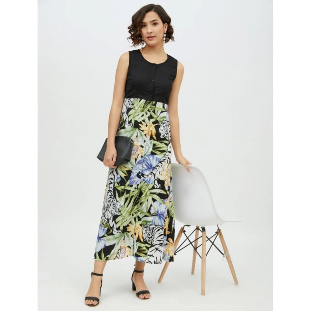 PKRKART Women's Rayon Floral Sleeveless Calf-length Dress (Multicolor)