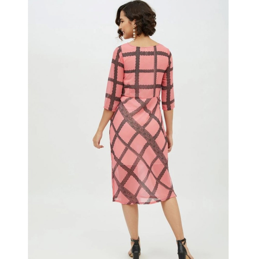 PKRKART Women's Polyester Checkered 3-4th Sleeves Below Knee Dress (Pink)
