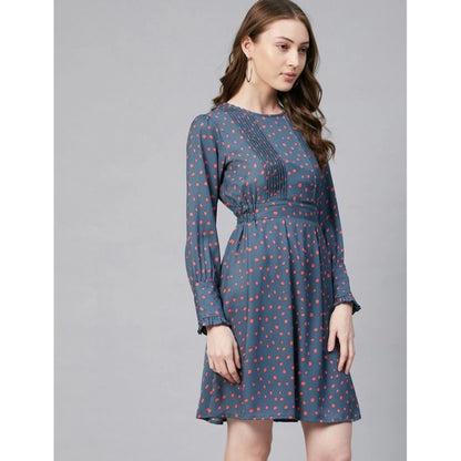 PKRKART Women's Polyester Polka Long Sleeves Above Knee Dress (Grey - Coral)