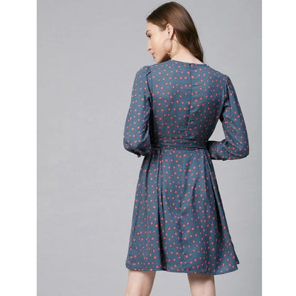 PKRKART Women's Polyester Polka Long Sleeves Above Knee Dress (Grey - Coral)