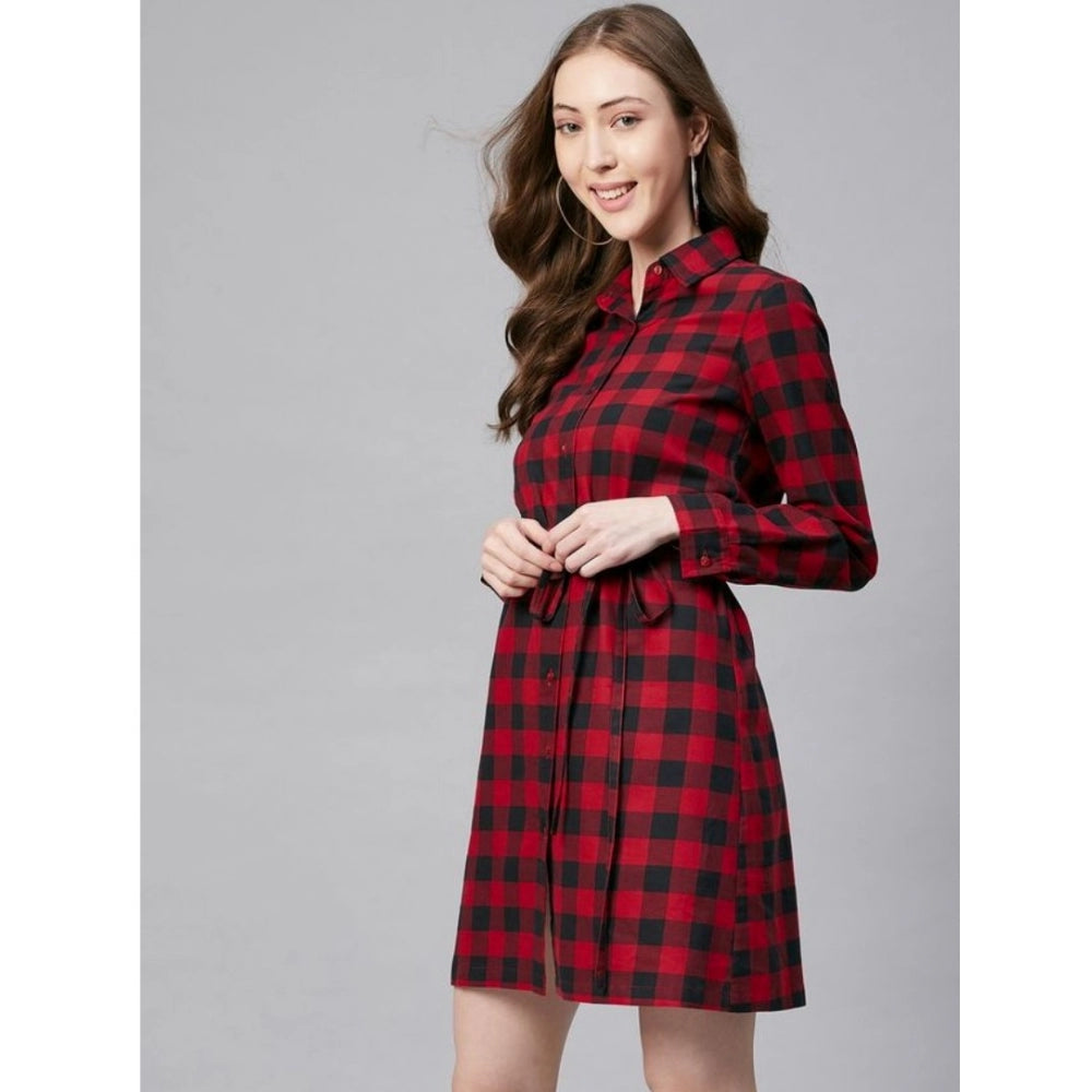 PKRKART Women's Cotton Checkered Long Sleeves Above Knee Dress (Red - Black)
