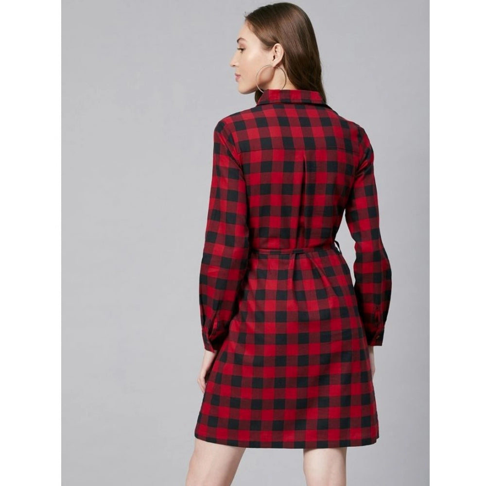PKRKART Women's Cotton Checkered Long Sleeves Above Knee Dress (Red - Black)
