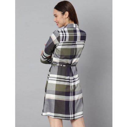 PKRKART Women's Cotton Checkered Long Sleeves Above Knee Dress (Olive - White)