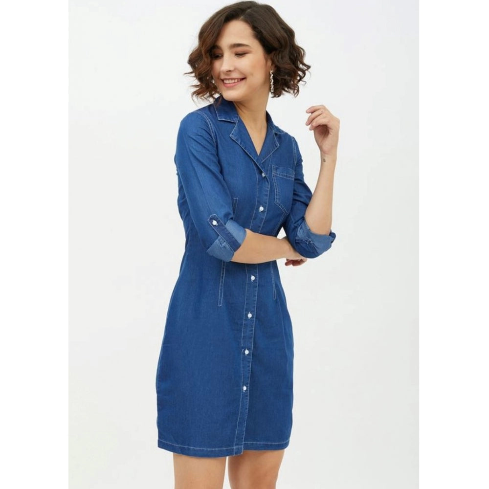 PKRKART Women's Denim Solid Long Sleeves Above Knee Dress (Blue)