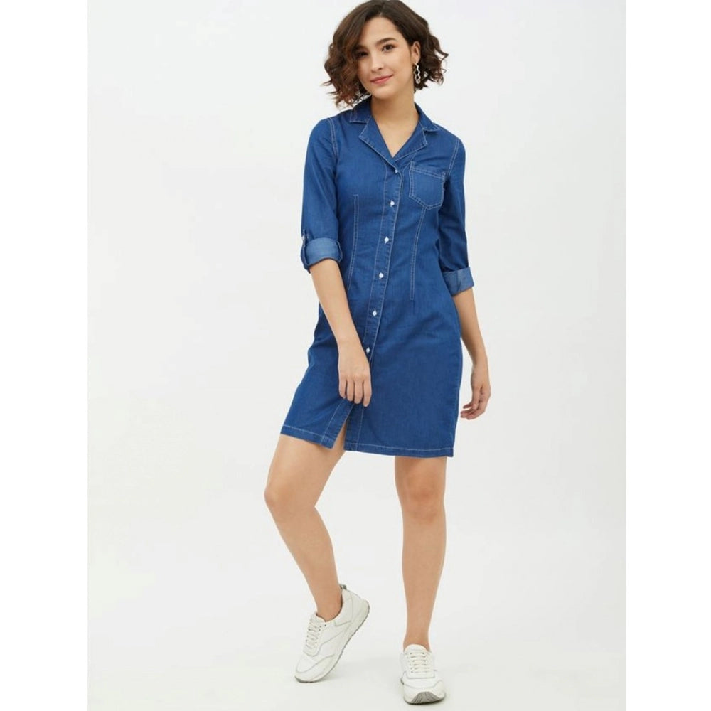 PKRKART Women's Denim Solid Long Sleeves Above Knee Dress (Blue)