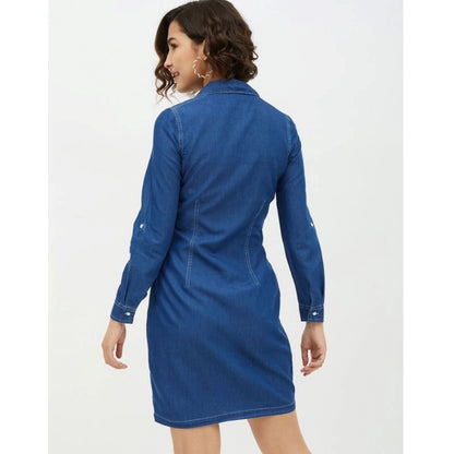 PKRKART Women's Denim Solid Long Sleeves Above Knee Dress (Blue)