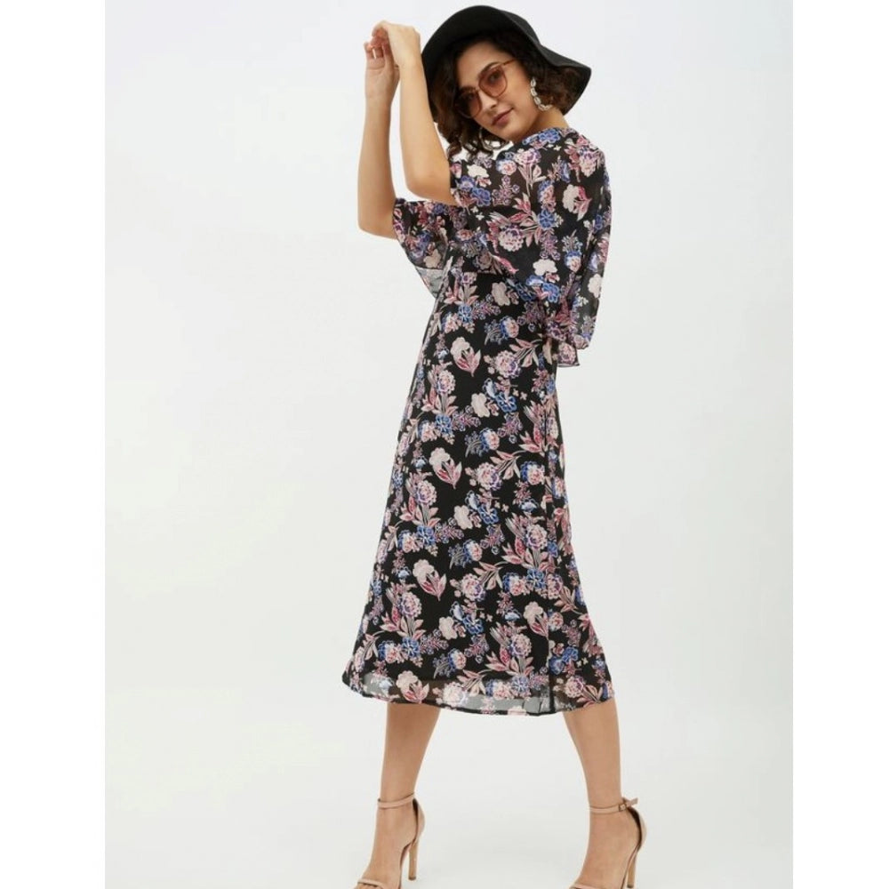 PKRKART Women's Polyester Chain Print Cap Sleeve Calf-length Dress (Multicolor)