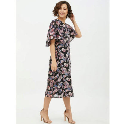 PKRKART Women's Polyester Chain Print Cap Sleeve Calf-length Dress (Multicolor)