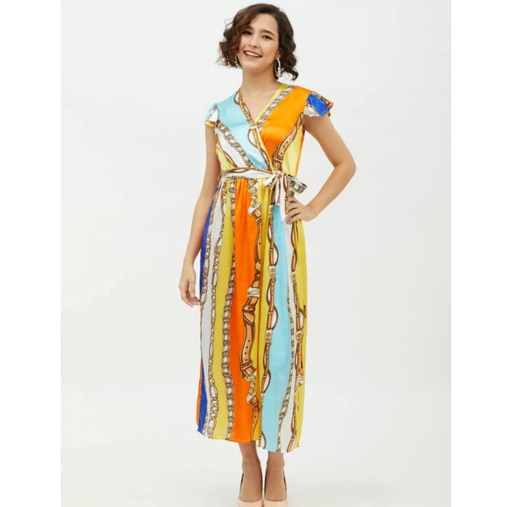 PKRKART Women's Satin Chain Print Cap Sleeve Calf-length Dress (Multicolor)