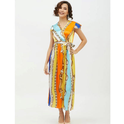 PKRKART Women's Satin Chain Print Cap Sleeve Calf-length Dress (Multicolor)