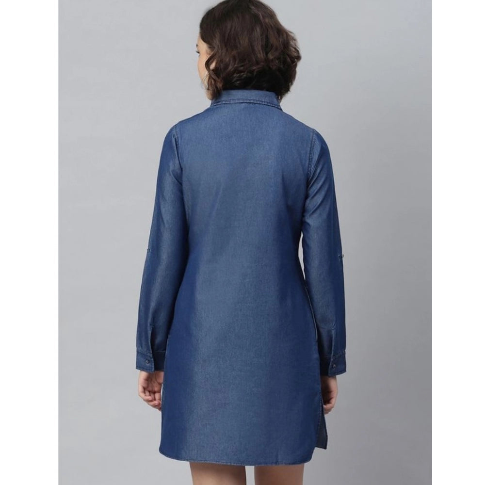 PKRKART Women's Denim Solid Long Sleeves Above Knee Dress (Navy Blue)