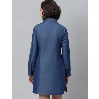 PKRKART Women's Denim Solid Long Sleeves Above Knee Dress (Navy Blue)