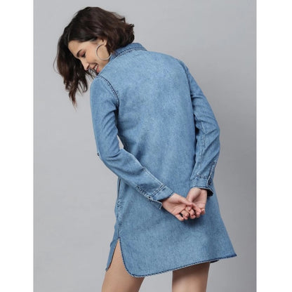 PKRKART Women's Denim Solid Long Sleeves Above Knee Dress (Ice Blue)
