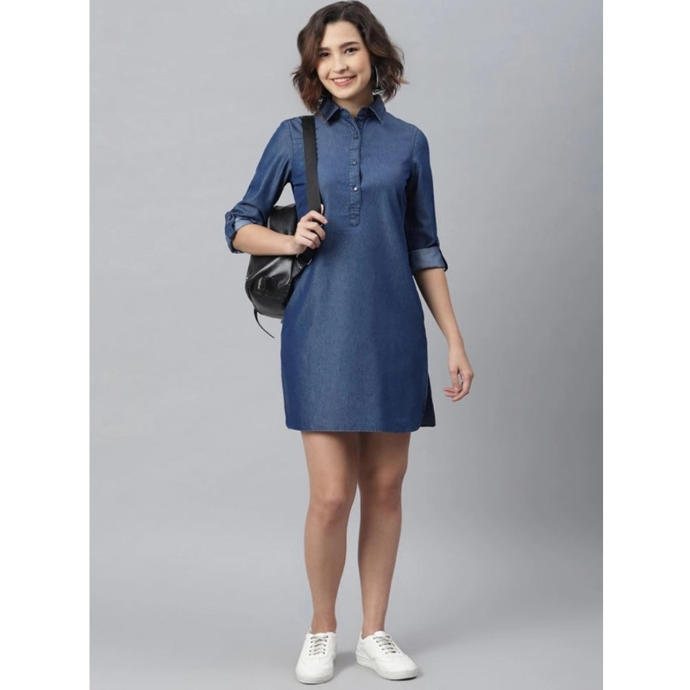PKRKART Women's Denim Solid Long Sleeves Above Knee Dress (Navy Blue)
