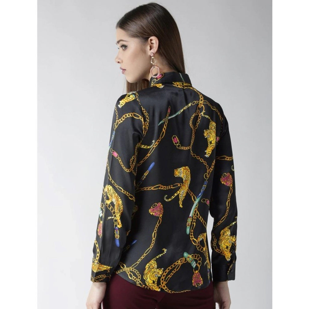 PKRKART Women's Satin Printed Long Sleeves Standard Length Shirt (Black - Gold)