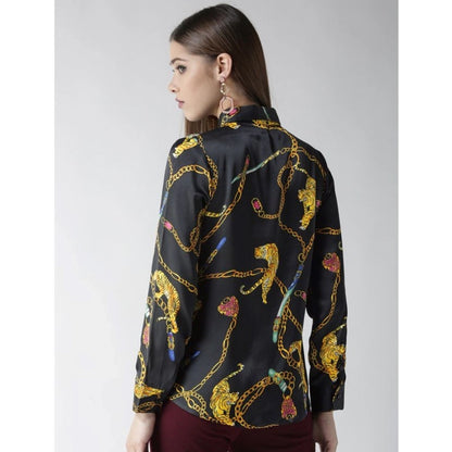 PKRKART Women's Satin Printed Long Sleeves Standard Length Shirt (Black - Gold)