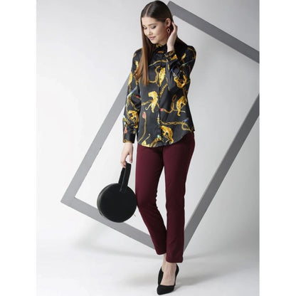 PKRKART Women's Satin Printed Long Sleeves Standard Length Shirt (Black - Gold)