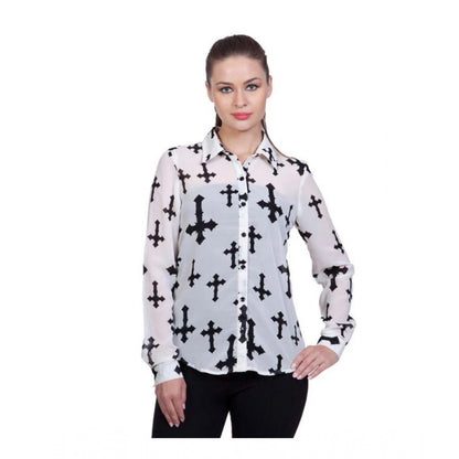 PKRKART Women's Polyester Printed Long Sleeves Standard Length Shirt (White)