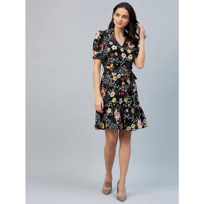 PKRKART Women's Polyester Floral Short Sleeve Above Knee Dress (Black)