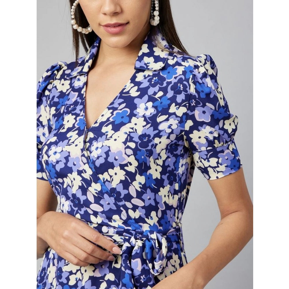 PKRKART Women's Polyester Floral Short Sleeve Above Knee Dress (Blue - Purple)
