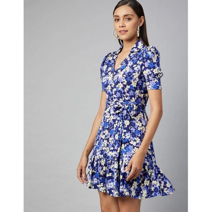PKRKART Women's Polyester Floral Short Sleeve Above Knee Dress (Blue - Purple)