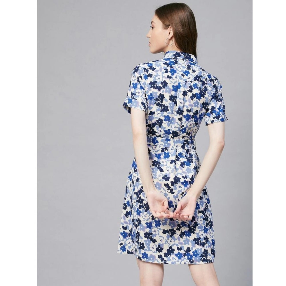 PKRKART Women's Polyester Floral Short Sleeve Above Knee Dress (Blue - White)