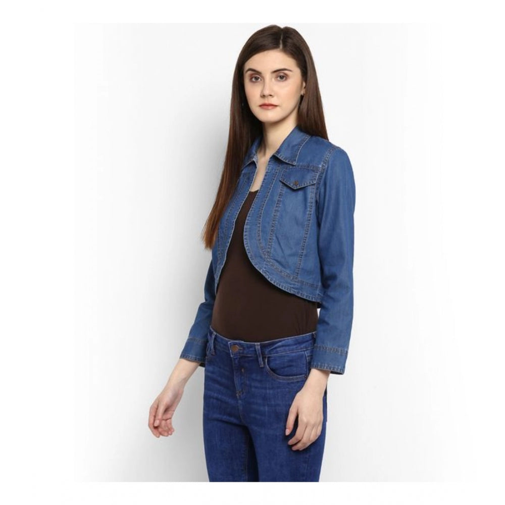PKRKART Women's Denim Solid 3-4th Sleeves Shrug (Blue)